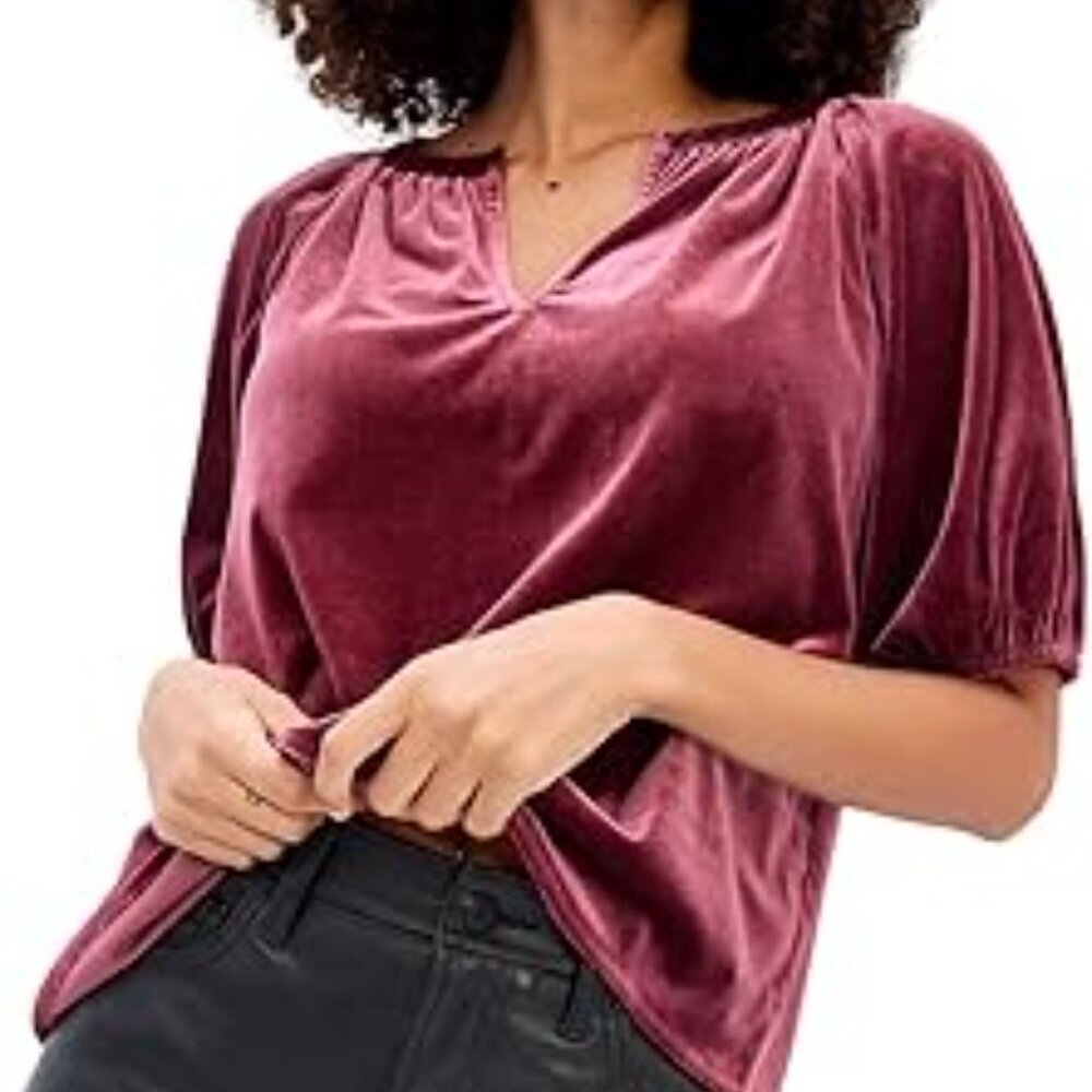 Gap Cherry Oak Short Puff Sleeve Velvet Blouse in Size XL